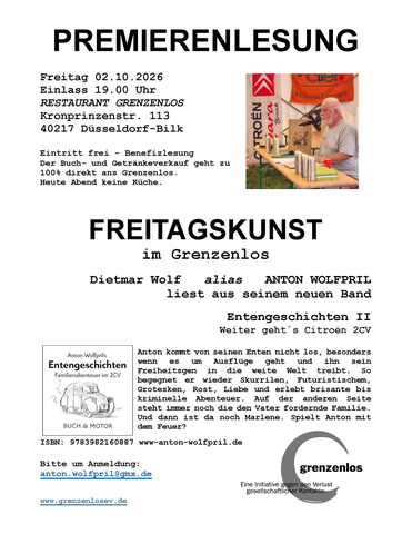 Anton Wolfpril Premierenlesung Düsseldorf 02.10.2026 im Grenzenlos e V